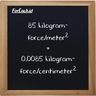 85 kilogram-force/meter<sup>2</sup> setara dengan 0.0085 kilogram-force/centimeter<sup>2</sup> (85 kgf/m<sup>2</sup> setara dengan 0.0085 kgf/cm<sup>2</sup>)